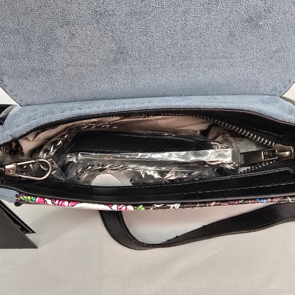 Ed Hardy Rhinestone Skull Tattoo Print Vegan Leather Crossbody Bag Blue Black - Picture 4 of 8